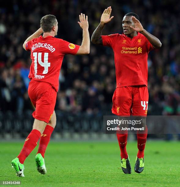 Andre Wisdom of Liverpool celebrates after scoing a goal during the UEFA Europa League match between BSC Young Boys and Liverpool FC at Stade de...