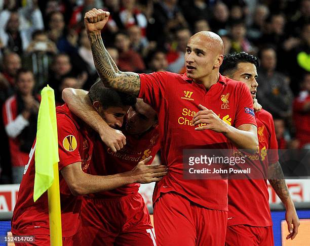 Jonjo Shelvey of Liverpool celebrates after scoring during the UEFA Europa League match between BSC Young Boys and Liverpool FC at Stade de Suisse,...