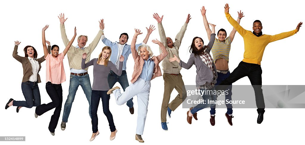 Group of people jumping, studio shot