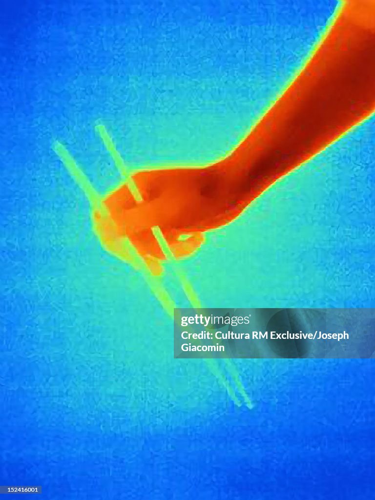 Thermal image of hand holding chopsticks