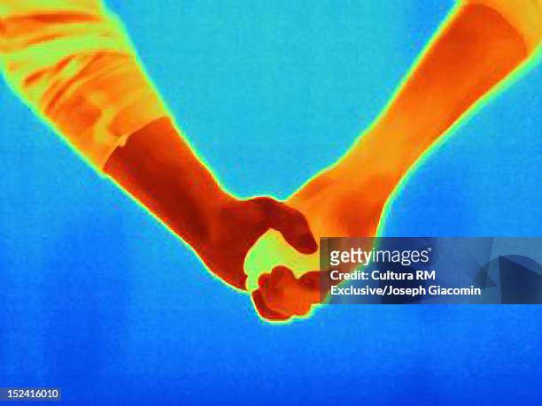 thermal image of couple holding hands - thermal imaging imagens e fotografias de stock