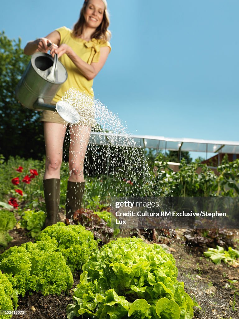 Woman watering plants in garden