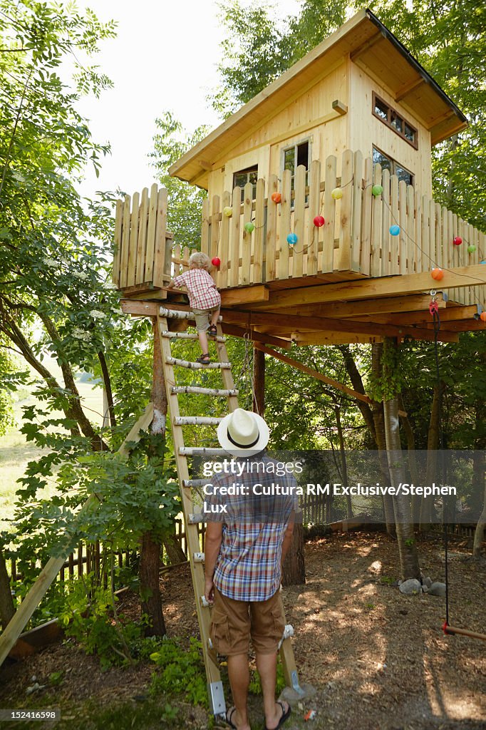 Father and child climbing tree house