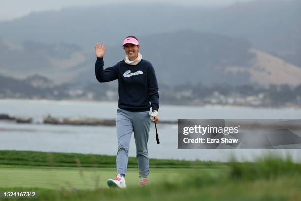 Michelle Wie West of the United States reacts after making her long putt for par on the 18th green during the second round of the 78th U.S. Women's...