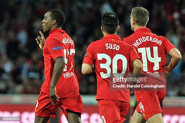 Andre Wisdom of Liverpool FC celebrates after scoring against BSC Young Boys during the UEFA Europa League Group A match between BSC Young Boys and...
