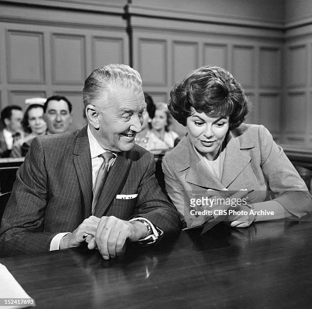 Otto Kruger as August Dalgran and Barbara Hale as Della Street in "The Case of the Counterfeit Crank". Image dated March 20, 1962.