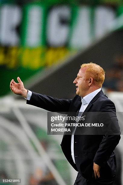 Basel's head coach Heiko Vogel gestures during the UEFA Europa League, Group G, football match against Sporting at Alvalade Stadium in Lisbon on...