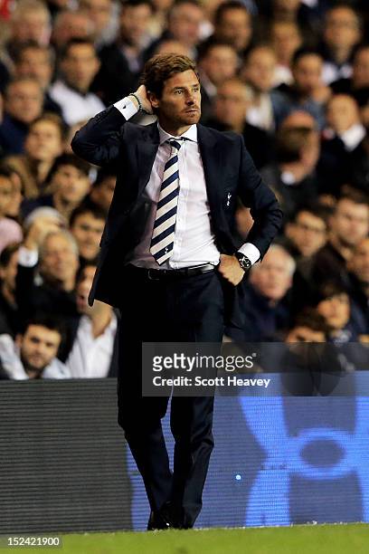 Andre Villas-Boas the Spurs manager reacts to events on the pitch during the UEFA Europa League group J match between Tottenham Hotspur and Lazio at...