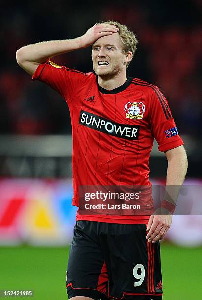 Andre Schuerrle of Leverkusen looks dejected during the UEFA Europa League group K match between Bayer Leverkusen and FC Metalist Kharkiv at BayArena...