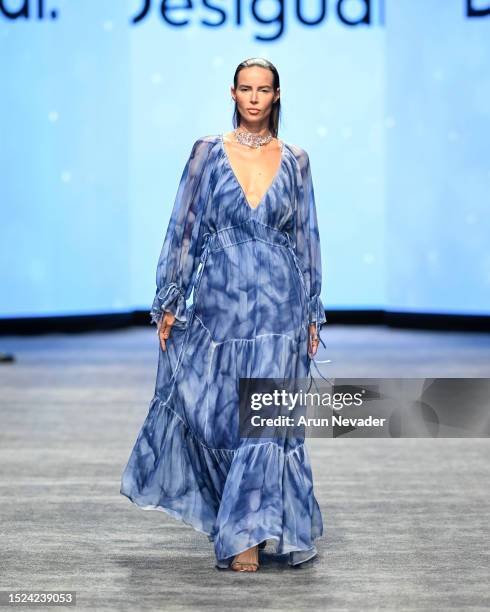 Model walks the runway wearing Desigual during Miami Swim Week Powered by Art Hearts Fashion at Fontainebleau Hotel on July 07, 2023 in Miami Beach,...