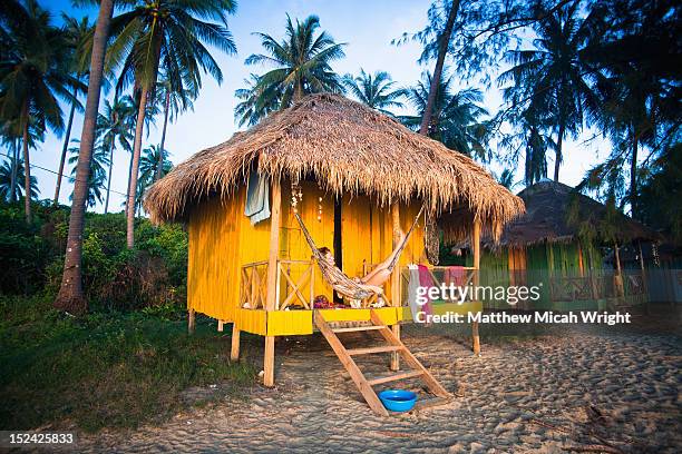 a girl relaxing in a hammock. - beach hut stock pictures, royalty-free photos & images