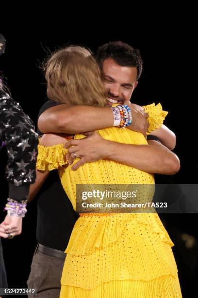 Taylor Swift and Taylor Lautner are seen onstage for night one of Taylor Swift | The Eras Tour at GEHA Field at Arrowhead Stadium on July 07, 2023 in...