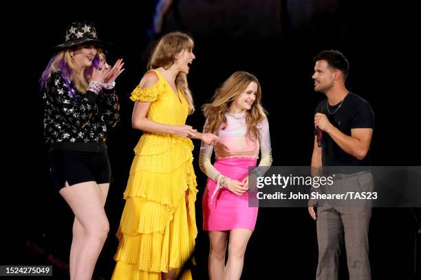 Presley Cash, Taylor Swift, Joey King and Taylor Lautner speak onstage for night one of Taylor Swift | The Eras Tour at GEHA Field at Arrowhead...