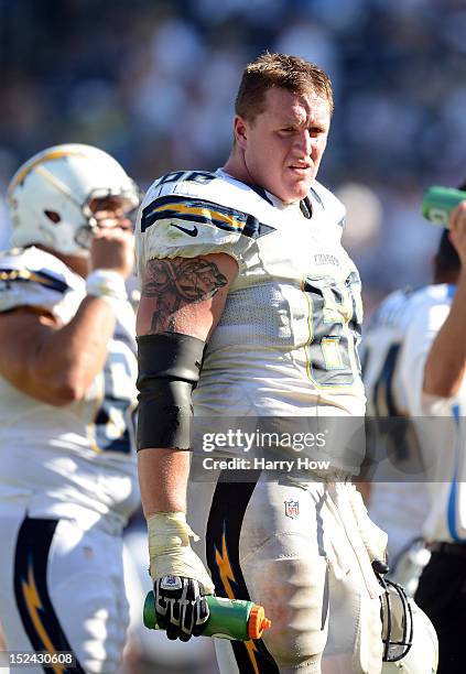 Jeromey Clary of the San Diego Chargers takes a break during the game against the Tennessee Titans at Qualcomm Stadium on September 16, 2012 in San...