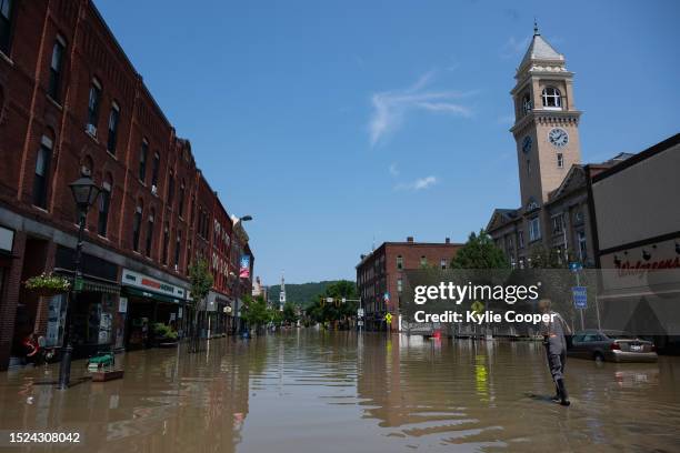 Main Street is flooded on July 11, 2023 in Montpelier, Vermont. Up to eight inches of rain fell over 48 hours and residents were warned that...