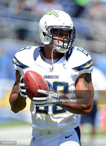 Dante Rosario of the San Diego Chargers warms up before the game against the Tennessee Titans at Qualcomm Stadium on September 16, 2012 in San Diego,...