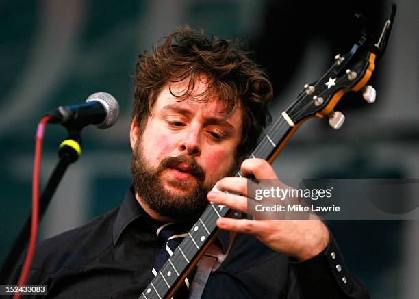 Musician Mike Savino of Tall Tall Trees performs with Kishi Bashi at SummerStage at Rumsey Playfield, Central Park on September 20, 2012 in New York...