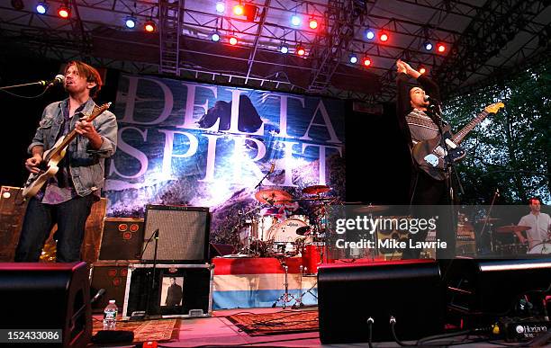 Musicians Will McLaren and Matt Vasquez of Delta Spirit perform at SummerStage at Rumsey Playfield, Central Park on September 20, 2012 in New York...