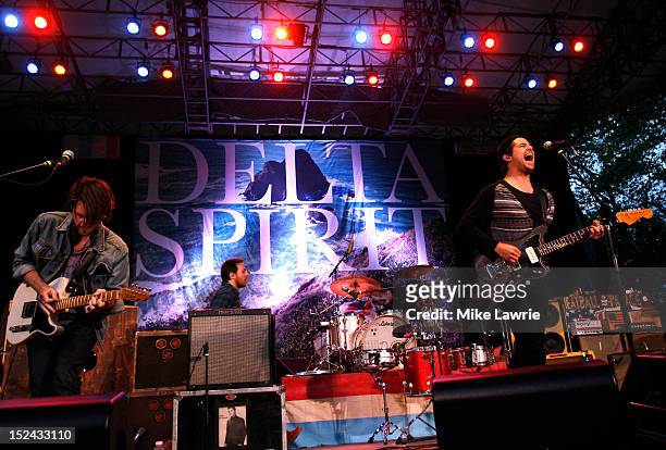 Musicians Will McLaren and Matt Vasquez of Delta Spirit performs at SummerStage at Rumsey Playfield, Central Park on September 20, 2012 in New York...