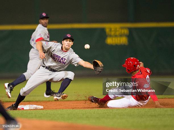 Tyson Gillies of Team Canada slides into second base while Richard Klijn Team Great Britain tries to make the catch during game one of the World...