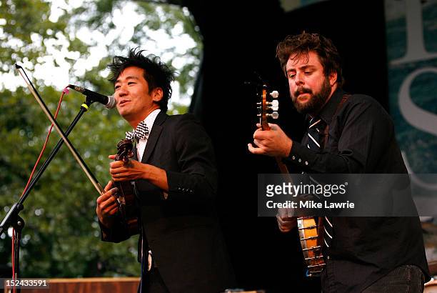 Musicians Kishi Bashi and Mike Savino of Tall Tall Trees perform at SummerStage at Rumsey Playfield, Central Park on September 20, 2012 in New York...