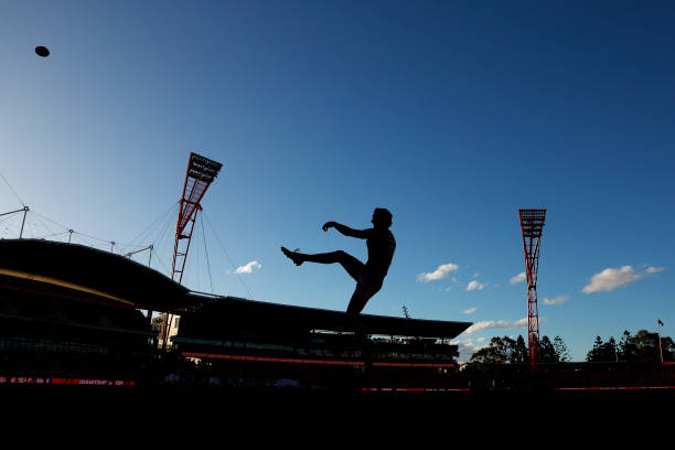 Denver Grainger-Barras of the Hawks warms up during the round 17 AFL match between Greater Western Sydney Giants and Hawthorn Hawks at GIANTS...