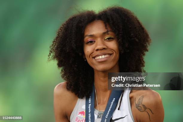 Vashti Cunningham stands on the podium after winning the Women's Hugh Jump during the 2023 USATF Outdoor Championships at Hayward Field on July 07,...