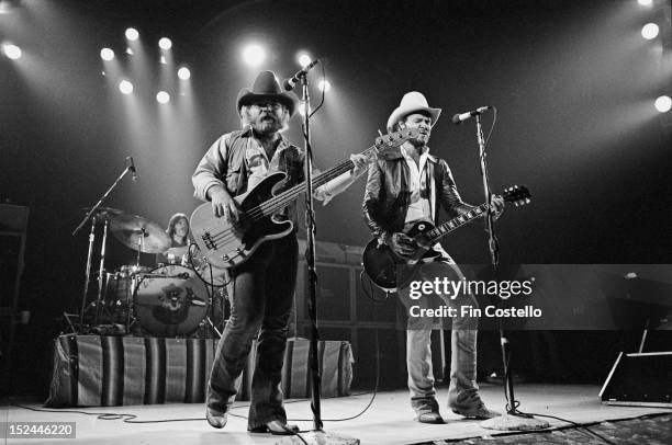 29th SEPTEMBER: American rock group ZZ Top perform live on stage in Waterbury, Connecticut during their Texas World Tour on 29th September 1975. Left...