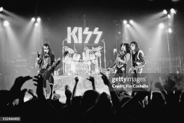 24th AUGUST: American rock band Kiss perform live on stage at the Calderone Theater in Hempstead, New York during their Dressed To Kill tour on 24th...