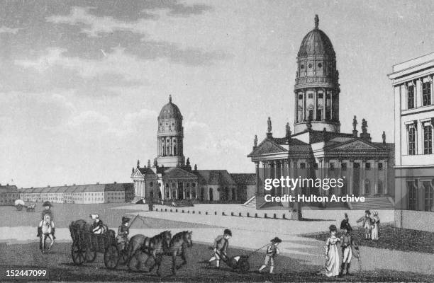 The Gendarmenmarkt in Berlin, Germany, circa 1800. In the background are the domes of the German and French Cathedrals.
