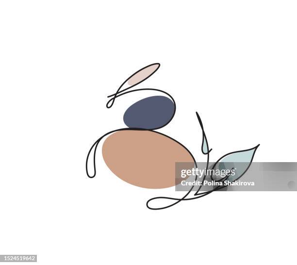 durchgehende strichzeichnung von zen-basaltsteinen mit pflanze.  vektorillustration isoliert auf weißem hintergrund. - basalt stock-grafiken, -clipart, -cartoons und -symbole