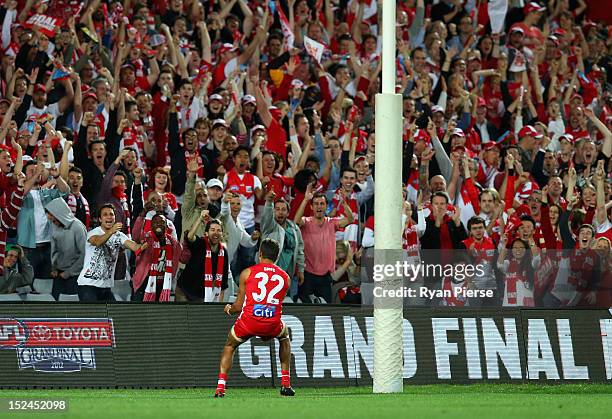 Lewis Jetta of the Swans celebrates after kicking a goal during the second AFL Preliminary Final match between the Sydney Swans and the Collingwood...