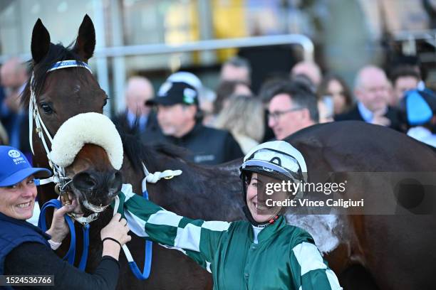 Carleen Hefel after riding Sigh to win Race 8, the Neds Sir John Monash Stakes, during Melbourne Racing at Caulfield Racecourse on July 08, 2023 in...