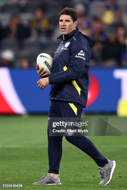 Eels assistant coach Trent Barrett is seen before the round 19 NRL match between Parramatta Eels and New Zealand Warriors at CommBank Stadium on July...