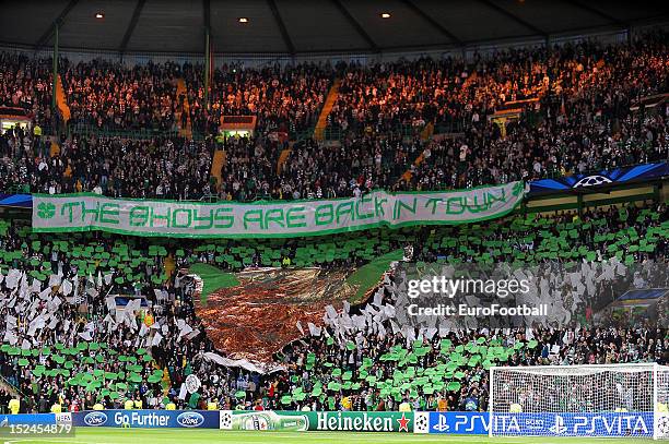 Celtic FC fans show their support ahead of the UEFA Champions League group stage match between Celtic FC and SL Benfica on September 19, 2012 at...