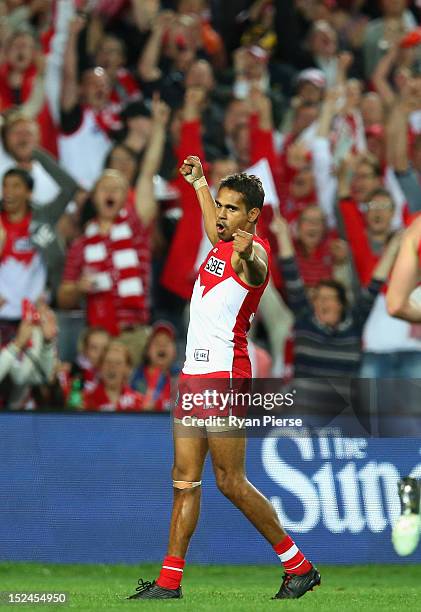 Lewis Jetta of the Swans celebrates after kicking a goal during the second AFL Preliminary Final match between the Sydney Swans and the Collingwood...