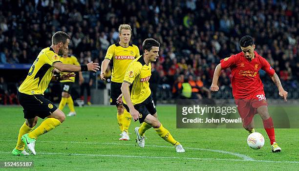 Suso of Liverpool powers through during the UEFA Europa League match between BSC Young Boys and Liverpool FC at Stade de Suisse, Wankdorf on...