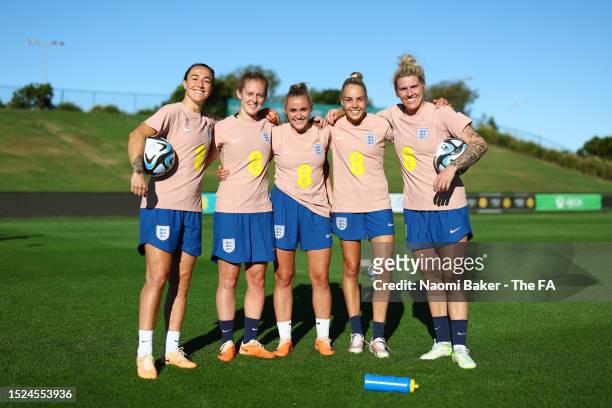 Lucy Bronze, Keira Walsh, Georgia Stanway, Ellie Roebuck and Millie Bright of England pose for a photograph during a training session on July 08,...