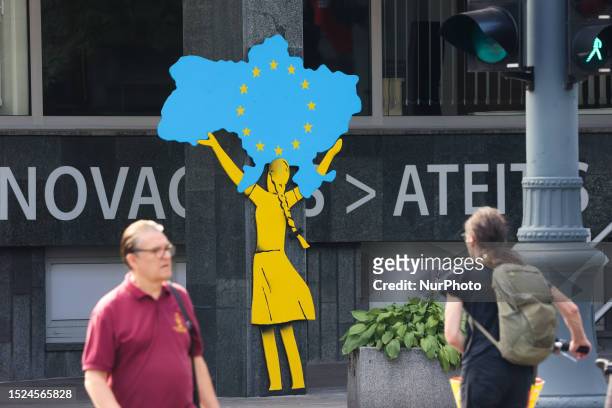 An installation about Ukraine and European Union is seen at the street, while the NATO Summit is held in the city, in Vilnius, Lithuania on July 11,...