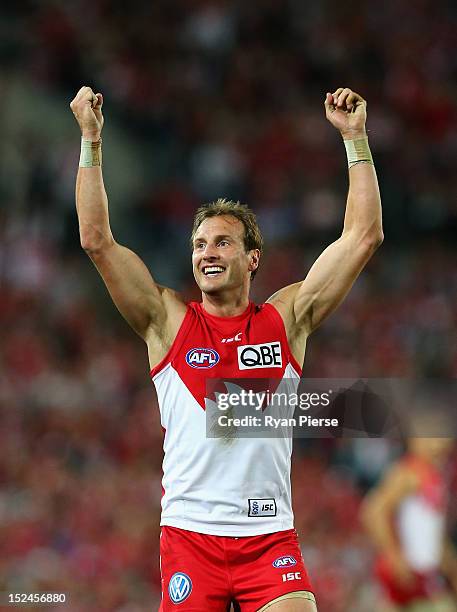 Jude Bolton of the Swans celebrates after kicking a goal during the second AFL Preliminary Final match between the Sydney Swans and the Collingwood...