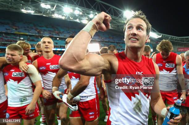 Jude Bolton of the Swans celebrates after the second AFL Preliminary Final match between the Sydney Swans and the Collingwood Magpies at ANZ Stadium...