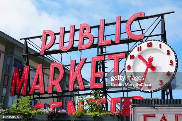 Detail of the Pike Place Market sign during the All-Star Red Carpet Show at Pike Place Market on Tuesday, July 11, 2023 in Seattle, Washington.