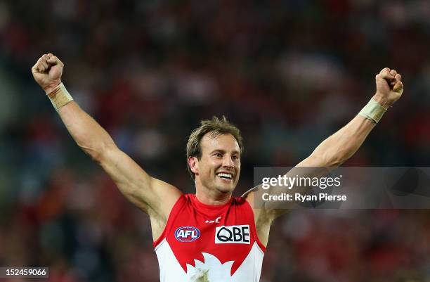 Jude Bolton of the Swans celebrates after kicking a goal during the second AFL Preliminary Final match between the Sydney Swans and the Collingwood...