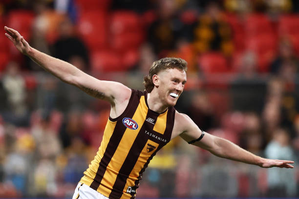 Denver Grainger-Barras of the Hawks celebrates a goal during the round 17 AFL match between Greater Western Sydney Giants and Hawthorn Hawks at...