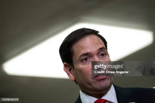 Sen. Marco Rubio speaks to reporters on his way to a classified all-Senate briefing on Artificial Intelligence at the U.S. Capitol on July 11, 2023...