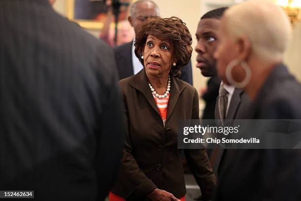 Rep. Maxine Waters arrives for a rare open House Committee on Ethics hearing in the Longworth House Office Building on Capitol Hill September 21,...