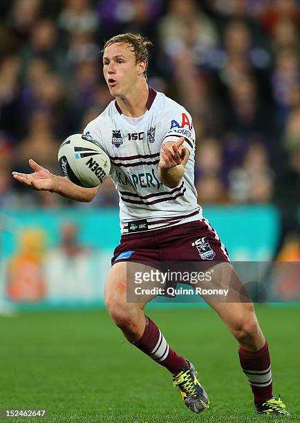 Daly Cherry-Evans of the Sea Eagles passes the ball during the NRL Preliminary Final match between the Melbourne Storm and the Manly Sea Eagles at...