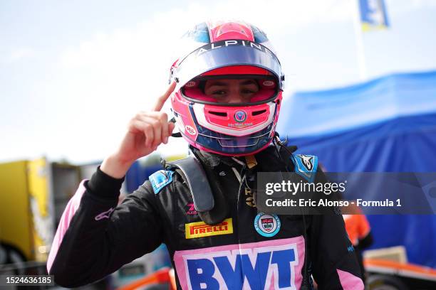 Pole position qualifier Abbi Pulling of Great Britain and Rodin Carlin celebrates in Parc Ferme after qualifying 2 for the F1 Academy Series Round...