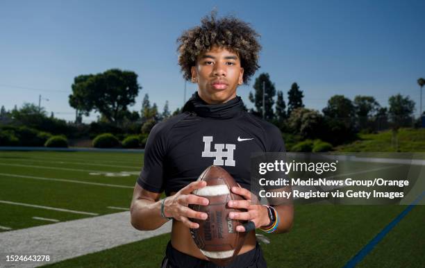 La Habra defensive back Damian Gomez at La Habra High School in La Habra on Wednesday, July 5, 2023.