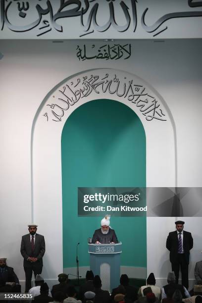 The Islamic Khalifa of the Ahmadiyya Muslim community Mirza Masroor Ahmad speaks at Baitul Futuh Mosque in Morden on September 21, 2012 in London,...